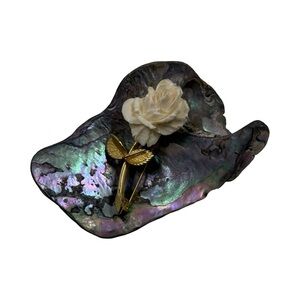 Carved Rose with Gold Tone Flower Brooch Pin